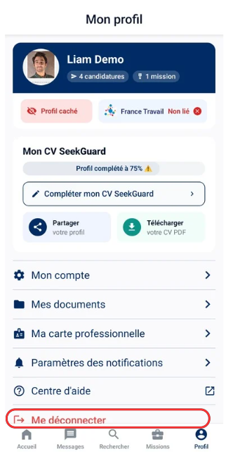 Écran de Profil avec le bouton se déconnecter mis en évidence